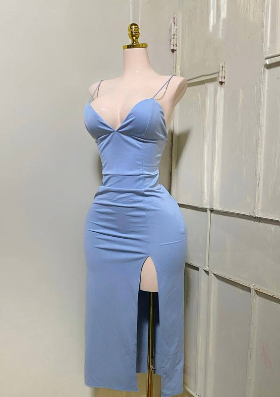 Vestido largo celeste con abertura pierna talla standar CR07