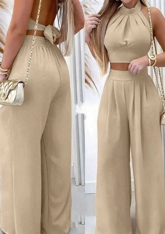 [JOBMAR-000020] Conjunto pantalon beige y top beige con nudo talla standar CR11