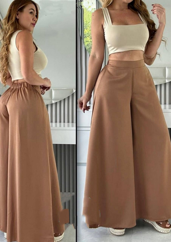 Conjunto pantalon cafe y top beige talla standar MV37