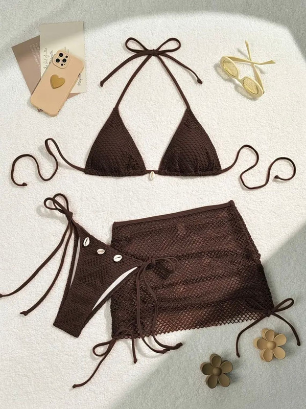 BIKINI CAFÉ DE 3 PIEZAS CON FALDA DE MALLAS TALLA S YE-010