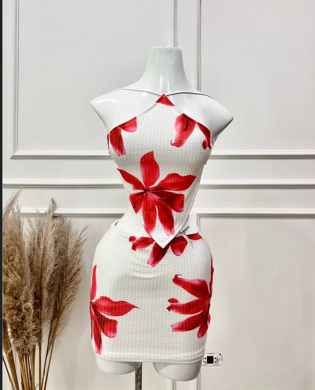 CONJUNTO FALDA Y TOP BLANCO CON FLORES ROJAS TALLA S YE-014