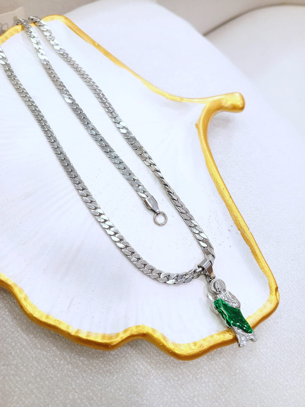 Juego de acero cadena + esclava plateada fina con dije de santo