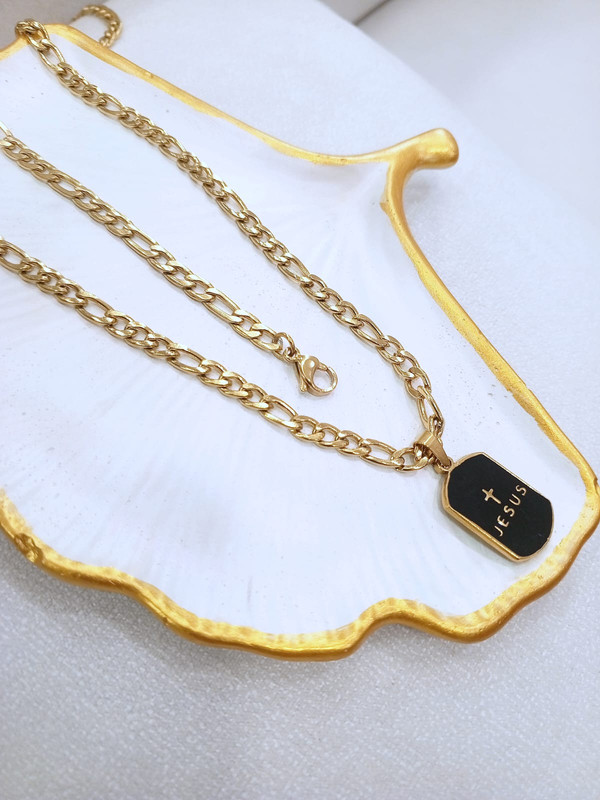 Juego de acero cadena + esclava dorada fina con dije de placa negra de Jesus