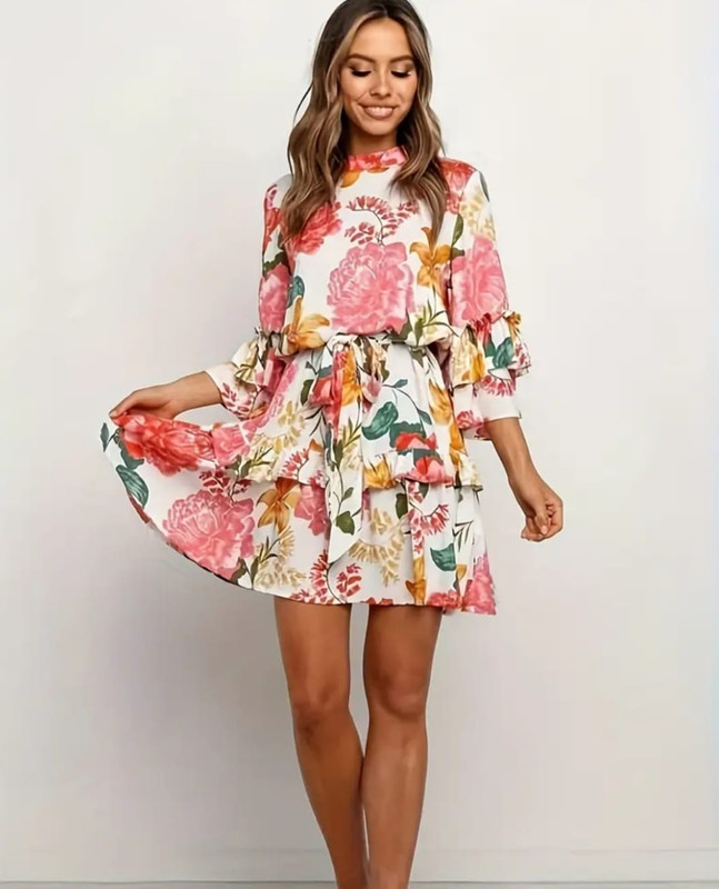 vestido floreado de base blanco con liston en la cintura S