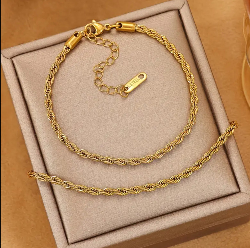 SET CADENA Y ESCLAVA DE ACERO DORADA ESTILO CUERDA 