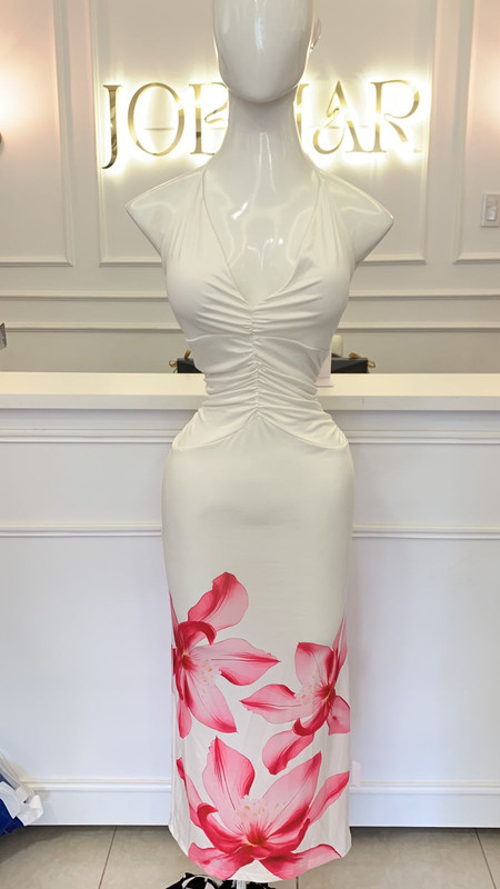 Vestido blanco largo flores abajo rosadas Talla XS