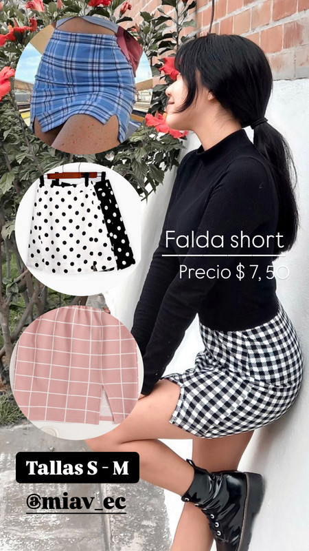 falda short Liss ston colores negra, rosa y celeste de  cuadros 1-33