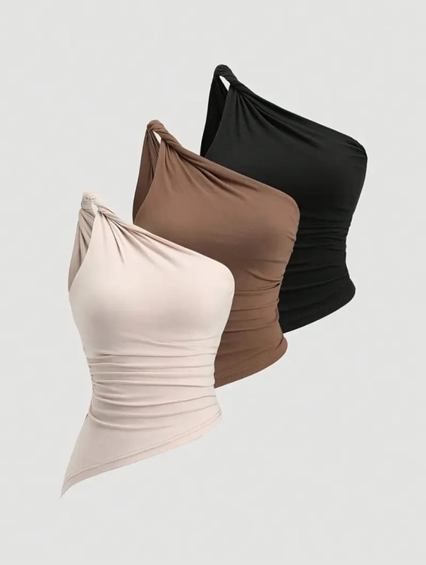 Blusa asimetrica de un hombro, Color negro, beis, café, Talla XS Tela Poliester Cod 065B3 