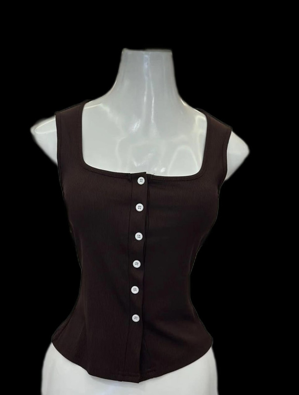 Blusa de botones escote cuadrado, color, café, blanco, Talla S, Tela Rib Cod 1015N