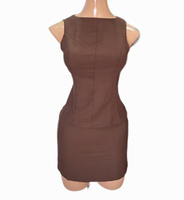 Conjunto de blusa con lazo en la espalda y falda recta, Color Café, Talla xs, Tela Poliester Cod 057CC