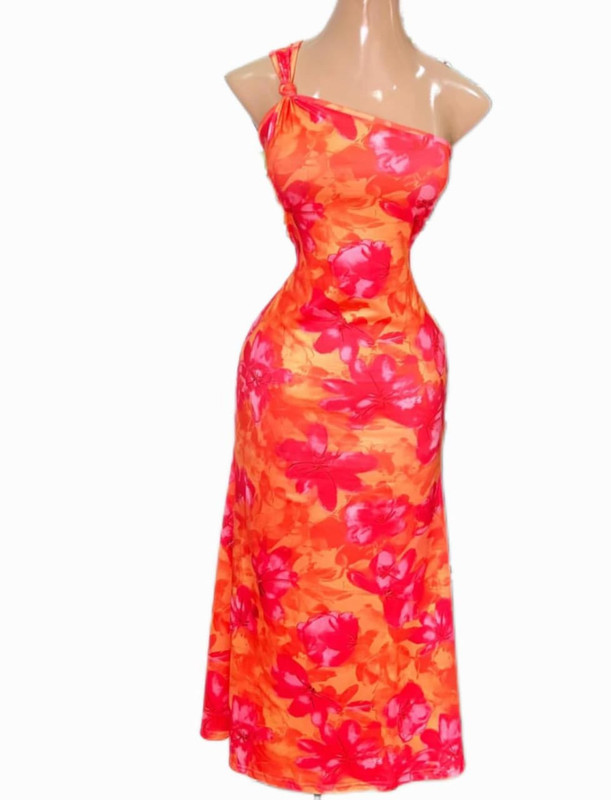 Vestido largo de un hombro, estampado de flores, Talla S, Tela poliester Cod 058VC