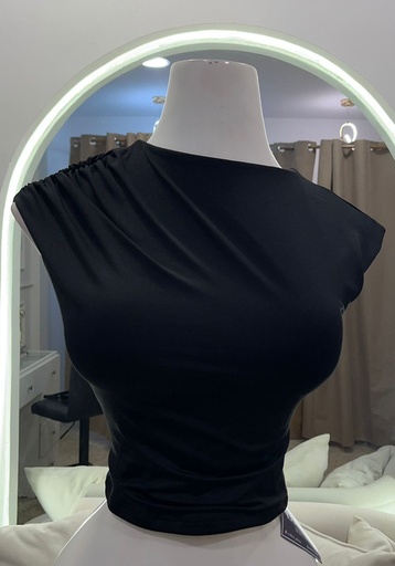 [BLUE MBCM-000016] Blusa negra corrugada en el hombro A19