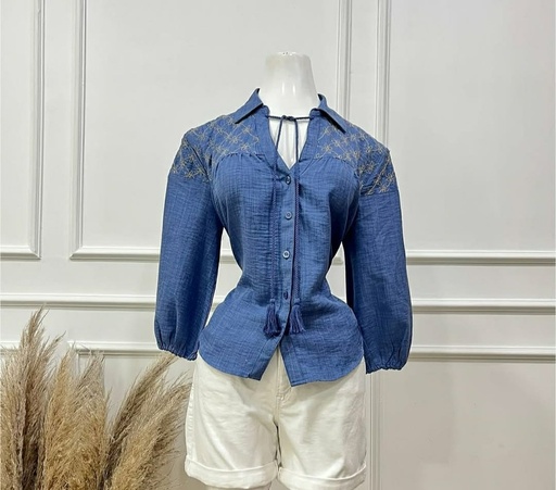 [EL PODER DEL 90-60-90-000001] BLUZA M/L AZUL BORDADO Y CORDONES (S)  969BCORDONES-S