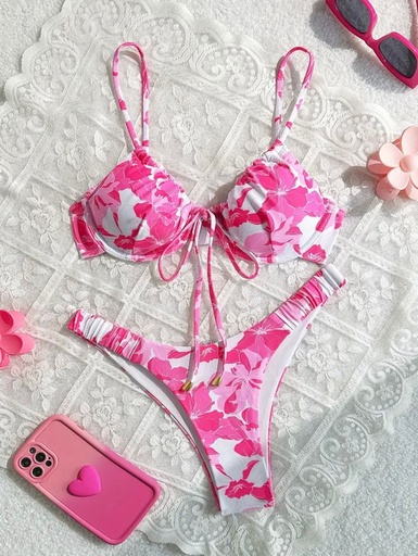 [YELLOW STORE-000007] BIKINI DE 2 PIEZAS ROSADO DE FLORES BLANCAS TALLA M YE-007
