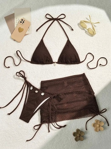 [YELLOW STORE-000010] BIKINI CAFÉ DE 3 PIEZAS CON FALDA DE MALLAS TALLA S YE-010