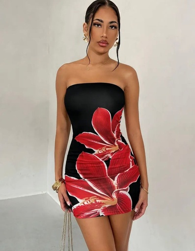 [YELLOW STORE-000018] VESTIDO NEGRO CORTO TELA LYCRA CON FLORES ROJAS TALLA S YE-018