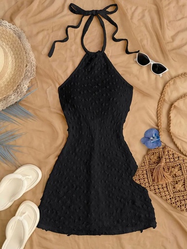 [YELLOW STORE-000020] VESTIDO NEGRO CORTO DE RAYAS, CON DESCOTE EN ESPALDA Y AMARRAR EN EL CUELLO TALLA S YE-020