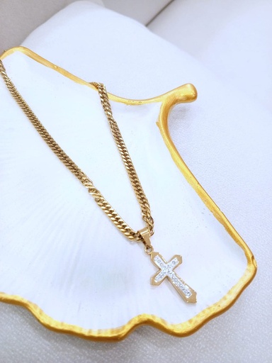[MIRSTREEL-000009] Cadena de acero dorada eslabones estrechos + dije de cruz con fondo blanco y brillos plateados