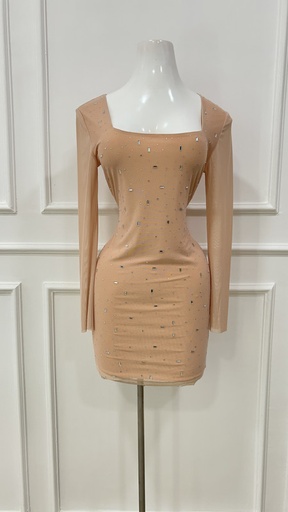 [SUNSET SHOP-000002] Vestido Beige corto con brillos manga larga talla S