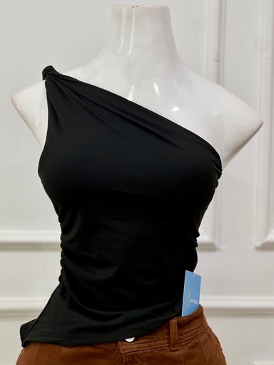 [BAMBI-000063] Blusa asimétrica con una sola manga corta con pliege color negro talla S,M