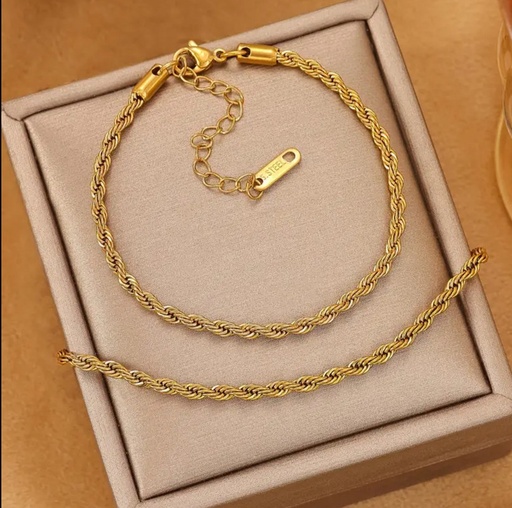 [MEN VIBES-000059] SET CADENA Y ESCLAVA DE ACERO DORADA ESTILO CUERDA 