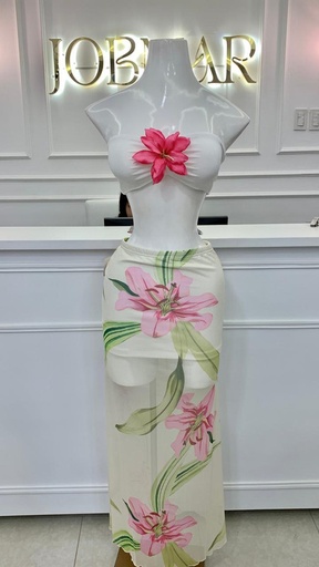 [HEAVENLY EGSTORE-000040] Conjunto Top blanca con flor enmedio rosado y Falda Talla M