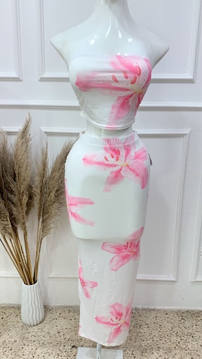 [HEAVENLY EGSTORE-000043] Conjunto blanco top y falda blanco con flores Talla M