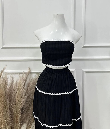 [SNIELA-000009] Cojunto top y Falda larga, Color Negro con filos blancos, Talla S, Tela Poliester Cod 035NB