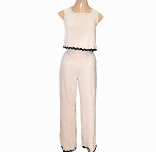 [SNIELA-000058] Conjunto de Blusa sin manga y pantalon, Color Beis con filos negros, Talla S, Tela poliester Cod 046BP