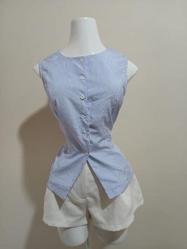 [SNIELA-000062] Blusa Formal de botones, A rayas celeste y blanca, Talla M, Tela Poliester Cod 1009C