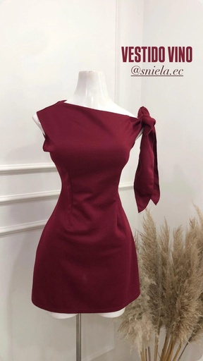[SNIELA-000068] Vestido corto con lazo a un lado, Color Vino, Talla M, Tela Poliester, Cod 094VV
